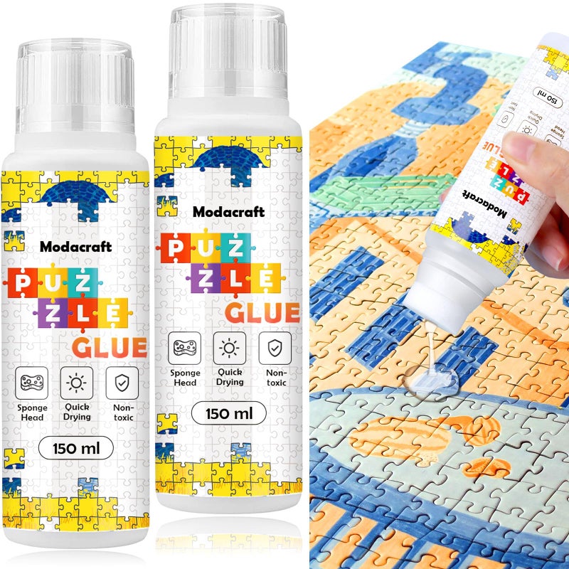 Modacraft 2 Pack 150ml Jigsaw Puzzle Glue with New Sponge Head, Suitable for 1000/3000/5000 Pieces of Paper and Wood Puzzle, Clear Quick Dry Jigsaw Puzzle Glue, Used of Paper Puzzles, 300ml in Total - Image 1